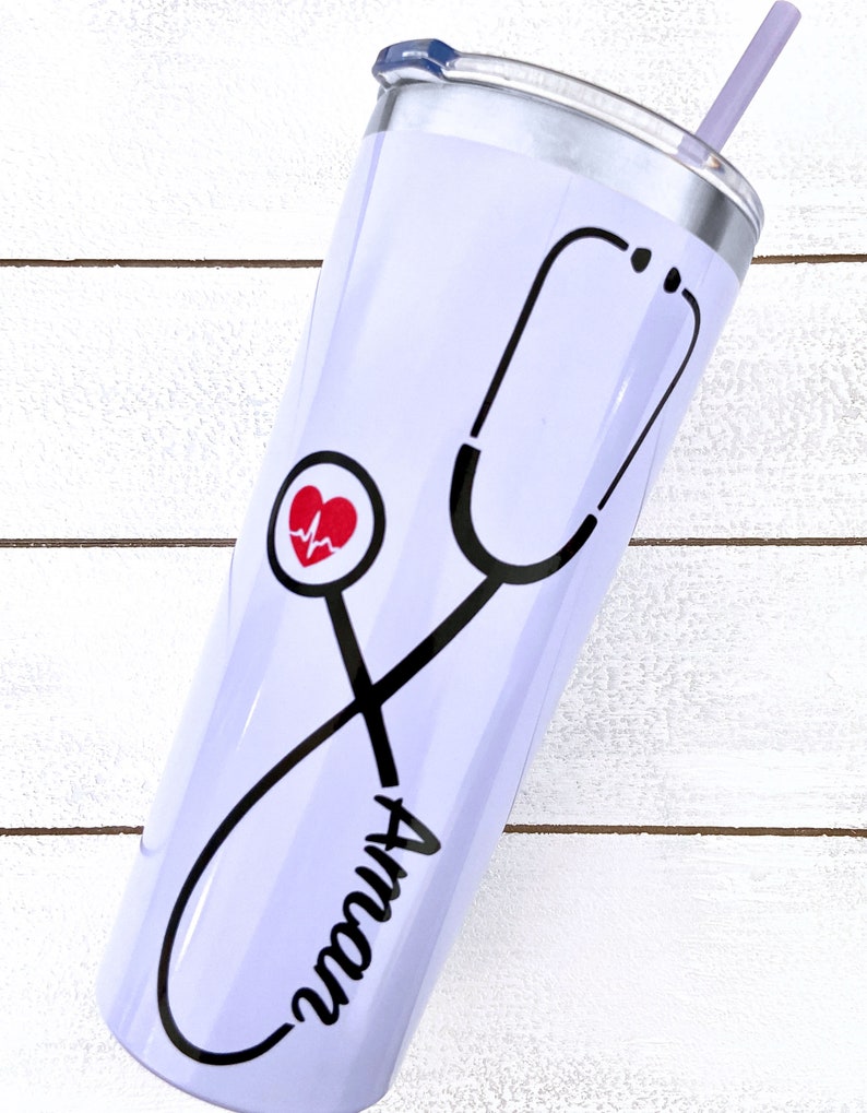 Nurse Personalized Tumbler, Tumbler with Straw, Stethoscope, RN, Nurse Gift, Doctor Gift, Nurse Assistant, Heartbeat Nursing Student image 4