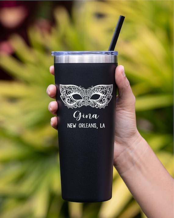 Ladies Women Mardi Gras Drink Custom Stainless Steel Glitter