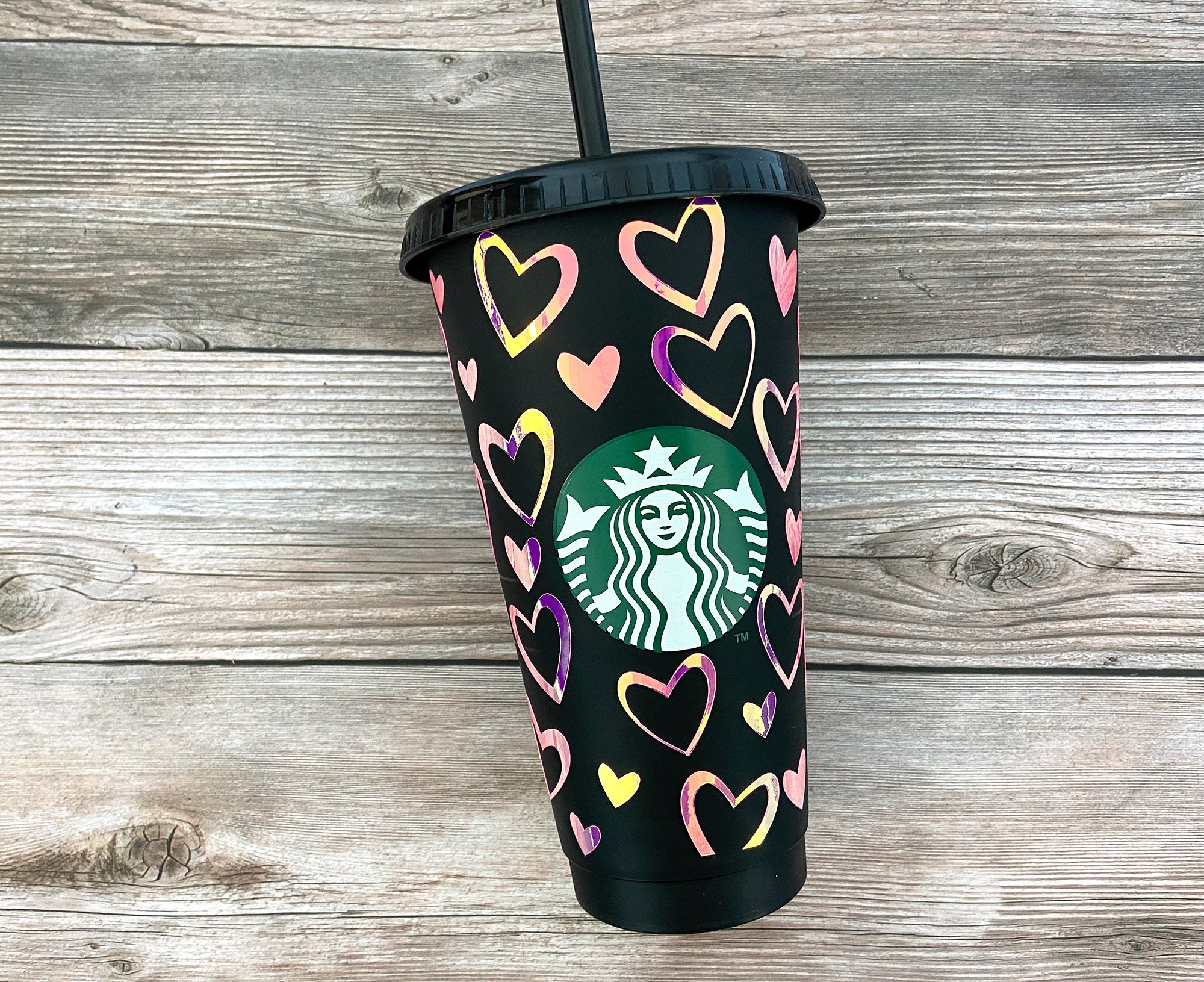 Black Starbucks Reusable Tumbler, Hearts Pattern Valentines Gift - Etsy