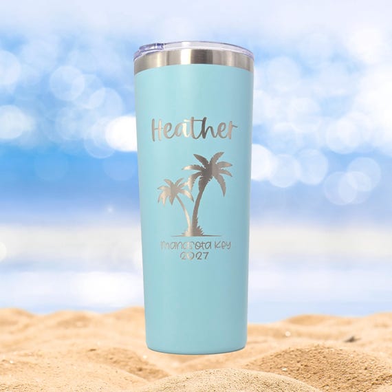 Personalized Palm Tree Vacation Tumbler: Engraved Stainless Steel, Bachelorette Gift