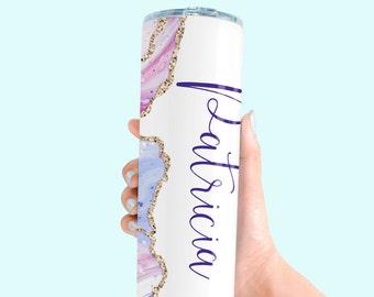 Marble Personalized Tumbler: Stainless Steel Skinny Tumbler with Straw
