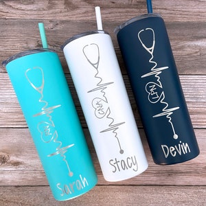 Laser Engraved Heartbeat Nurse's 20 oz. Skinny Tumbler, Personalized Tumbler, Custom Tumbler with Straw, Nurse Gift, RN, CNA, Stethoscope