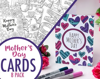 Tarjetas del Día de la Madre (Mother's Day Cards) 8 plantillas de tarjetas imprimibles del Día de la Madre, tarjetas para colorear, tarjeta imprimible de mamá, regalo del día de las madres, tarjetas de página para colorear PDF