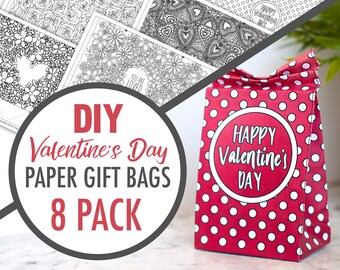 VALENTINE GIFT BAGS (8 Pack) - Printable Gift Bag Template, Paper Gift Bag Printable Template, Valentine's Day Gift, Printable Favor Bags