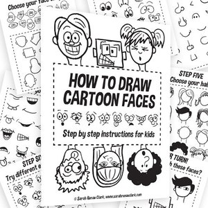 Como desenhar rostos de desenhos animados - planilhas para crianças para impressão // E-book como desenhar / atividade em sala de aula de personagem de desenho animado / livro de atividades infantis