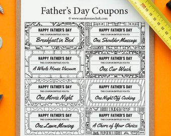 Coupons imprimables pour la fête des pères – 10 coupons imprimables à colorier et à offrir à papa | Modèle de coupon-cadeau PDF imprimable pour la fête des pères