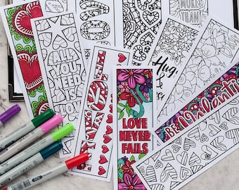 VALENTINE BOOKMARKS -  12 Printable Valentine's Day Bookmarks, Printable Coloring Bookmarks, Valentine Coloring Page, Bookmark Coloring Page