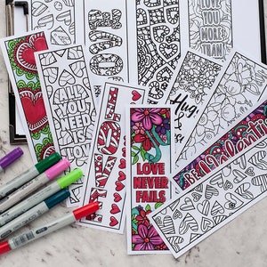 VALENTINE BOOKMARKS -  12 Printable Valentine's Day Bookmarks, Printable Coloring Bookmarks, Valentine Coloring Page, Bookmark Coloring Page