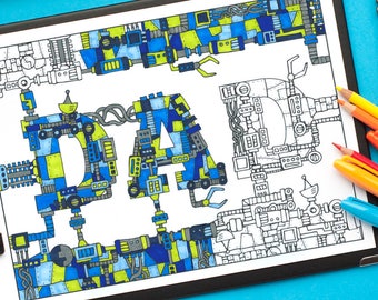 Dad: Mechanical coloring page - Printable 8.5x11" PDF mechanical coloring page for Father's Day - robot steampunk sci fi instant download