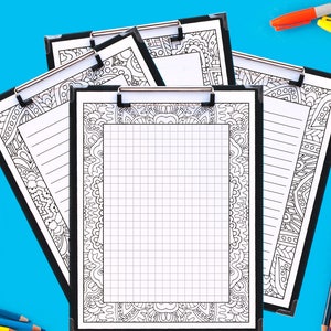 Puede incluir: Páginas de diario de arteterapia imprimibles con 10 diseños diferentes para colorear. Incluye formatos de cuadrícula, líneas y en blanco.