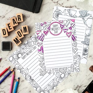 Papelería para el Día de la Madre – 3 membretes imprimibles para colorear y enviar a Mamá / Mamá / Plantilla de membrete en PDF imprimible para adultos y niños