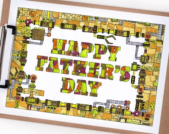 Happy Father's Day coloring page - Printable 8.5x11" mechanical coloring page for Father's Day - robot steampunk sci fi instant download