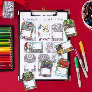 Modello di etichette regalo di Natale / Set di 8 pagine da colorare Etichette regalo di Natale in questo modello stampabile / Etichette regalo da colorare in PDF stampabile
