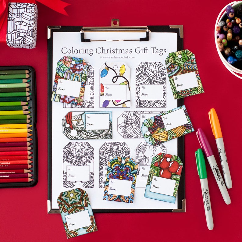 Christmas Gift Tags Template Set of 8 coloring page Christmas gift tags in this printable template Printable PDF coloring gift tags image 1