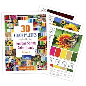 May include: A book cover featuring a collage of colourful images and the text "30 Color Palettes inspired by the Pantone Spring Color Trends Volume 1". The cover also includes the website address "SARAHRENAECLARK.COM".