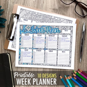 Puede incluir: Un planificador semanal imprimible con un diseño de mandala colorido. El planificador está dividido en siete días de la semana, con espacio para escribir tareas y notas. El texto "Week Plan" está escrito en una fuente en negrita y decorativa.