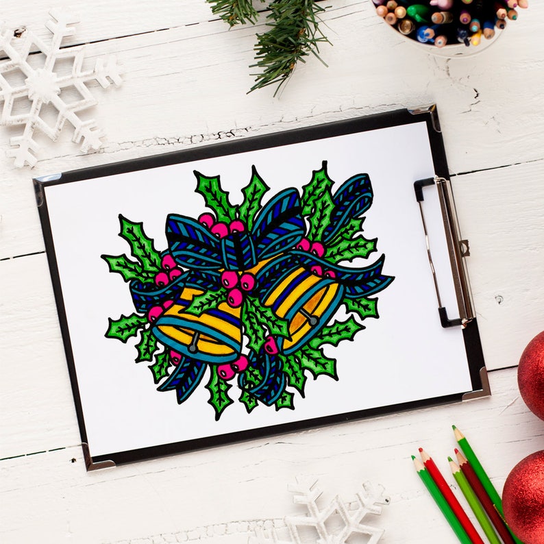 May include: A hand-drawn illustration of two yellow bells with blue and white stripes, surrounded by green holly leaves and red berries. The bells are tied together with a blue and white striped ribbon.