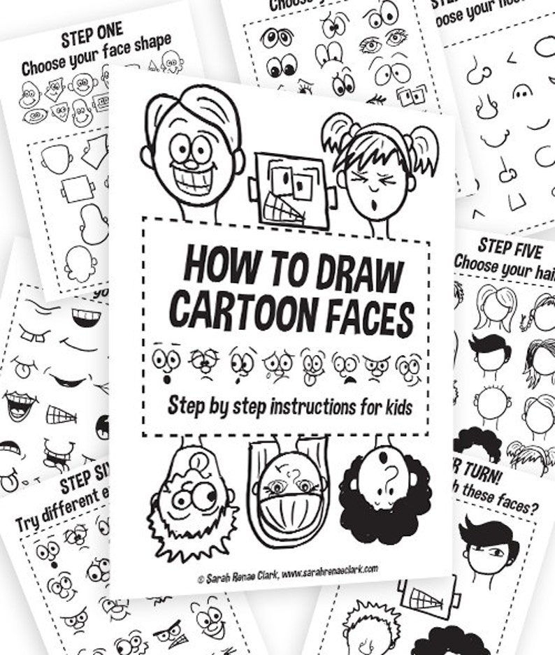 How to Draw Cartoon Faces kids printable worksheets // How-to-draw e-book / cartoon character classroom activity / kids activity book image 1