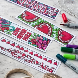Love Coloring Bookmarks – Set of 12 Printable Bookmarks to color and make for a Valentine's Day Gift | Printable PDF adult coloring template image 4