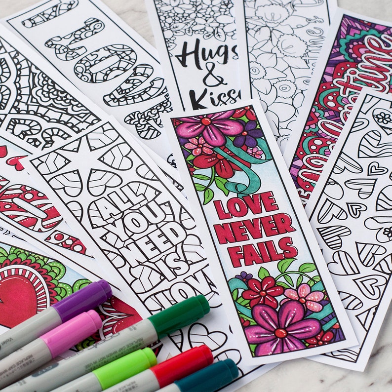 Love Coloring Bookmarks – Set of 12 Printable Bookmarks to color and make for a Valentine's Day Gift | Printable PDF adult coloring template image 1