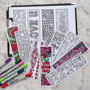 Love Coloring Bookmarks – Set of 12 Printable Bookmarks to color and make for a Valentine's Day Gift | Printable PDF adult coloring template image 2