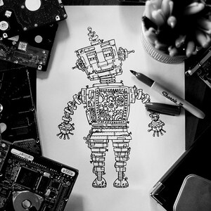 May include: A black and white line drawing of a robot with gears and cogs. The robot is drawn in a whimsical style and has a large head and small body.