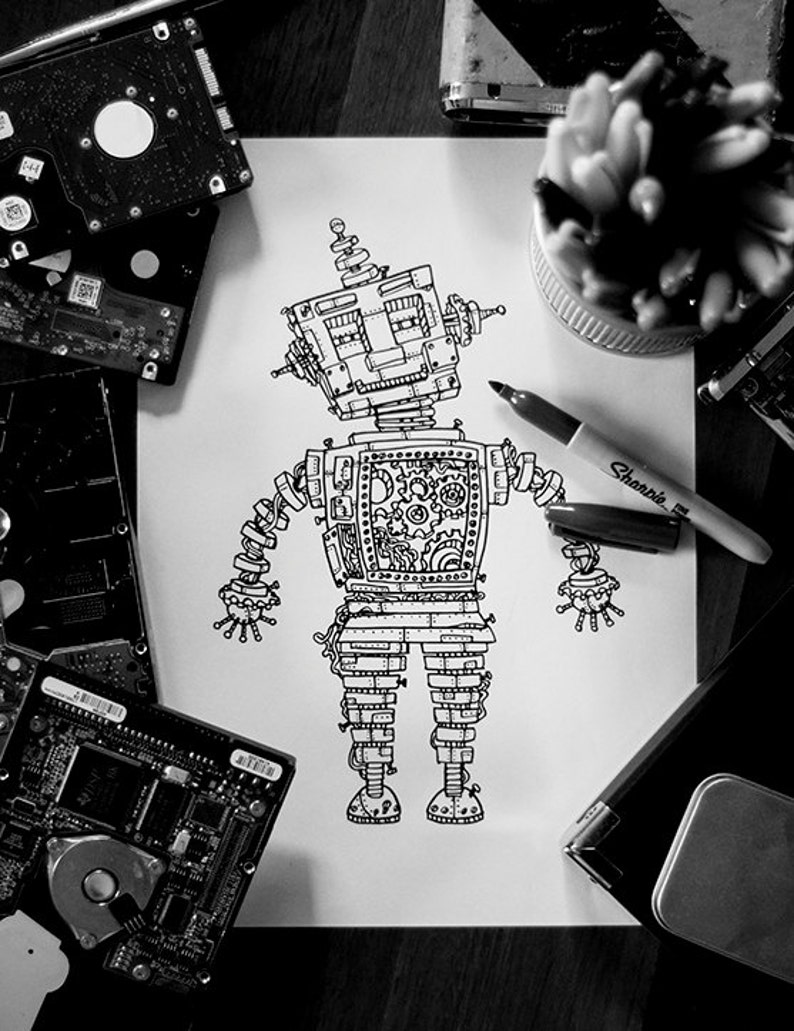 May include: A black and white line drawing of a robot with gears and cogs. The robot is drawn in a whimsical style and has a large head and small body.