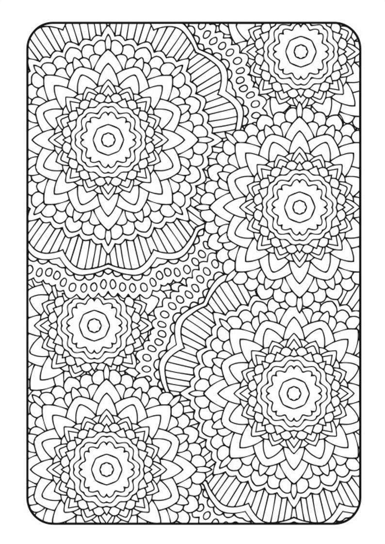 May include: Black and white mandala coloring page with intricate floral and geometric patterns. The design features multiple circular and petal-like shapes, perfect for stress relief and creative expression.