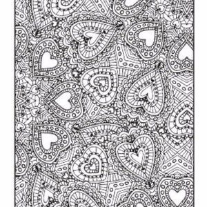 May include: A black and white intricate coloring page featuring a pattern of hearts with detailed designs. The hearts are overlapping and interlocked, creating a complex and visually appealing design.