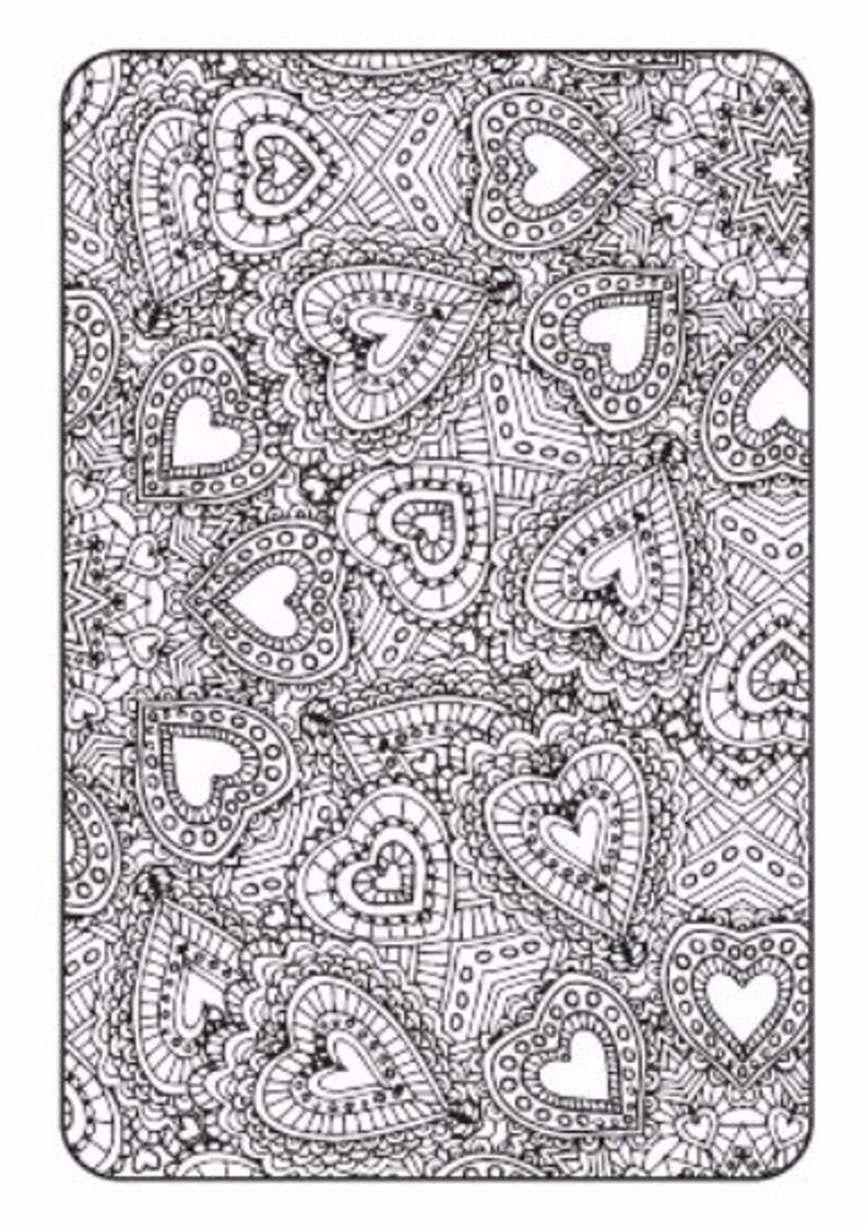 May include: A black and white intricate coloring page featuring a pattern of hearts with detailed designs. The hearts are overlapping and interlocked, creating a complex and visually appealing design.