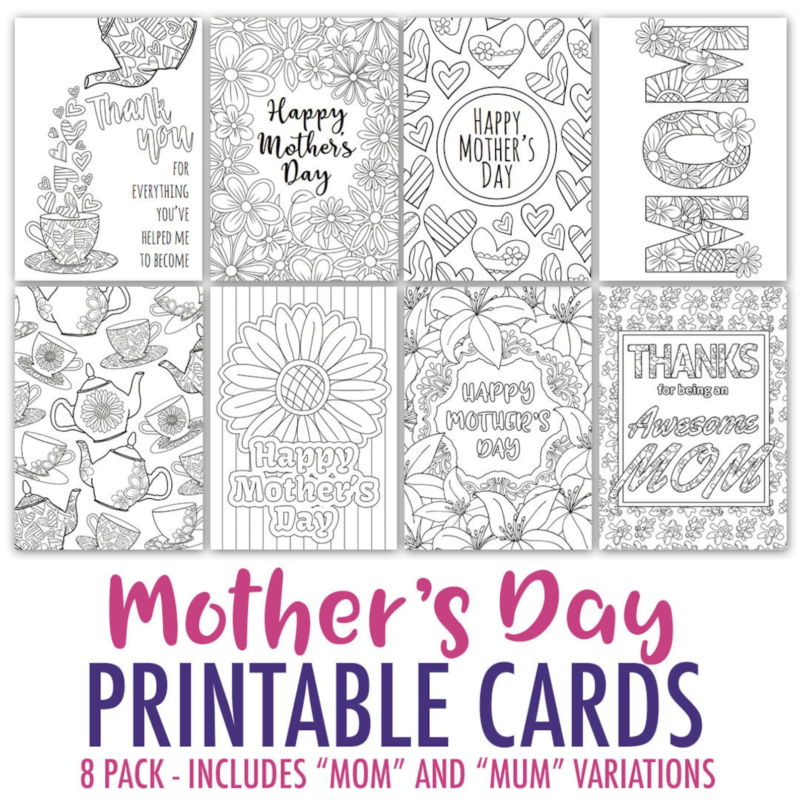 Mother's Day Coloring Cards 8 Printable Mother's Day - Etsy