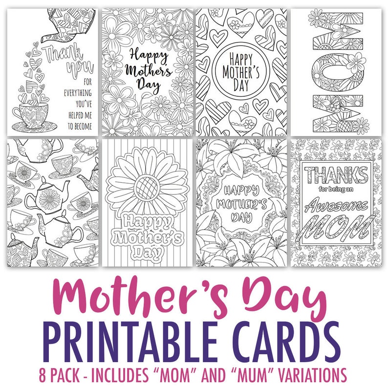 Mother's Day Coloring Cards | 8 Printable Mother's Day card templates, coloring cards, mom printable card, mothers day gift, coloring page 