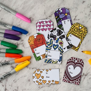 Etiquetas de regalo de bricolaje: conjunto de 8 etiquetas de regalo imprimibles para colorear y hacer para un regalo del Día de la Madre o del Día de San Valentín / Plantilla de artesanía en PDF imprimible de bricolaje imagen 2