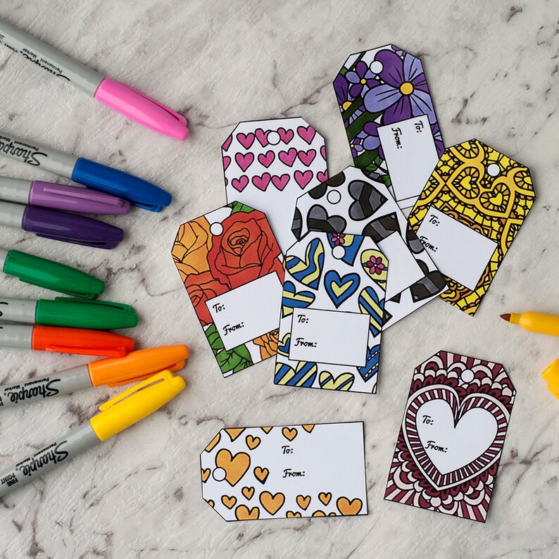 Etiquetas de regalo de bricolaje: conjunto de 8 etiquetas de regalo imprimibles para colorear y hacer para un regalo del Día de la Madre o del Día de San Valentín / Plantilla de artesanía en PDF imprimible de bricolaje imagen 2