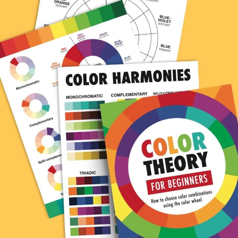 May include: Color theory guide for beginners with a color wheel and examples of color harmonies, including monochromatic, complementary, split-complementary, and triadic.
