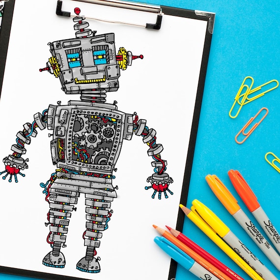 Steampunk robot coloring page | Steampunk adult coloring page 8.5x11" PDF Instant Digital Download