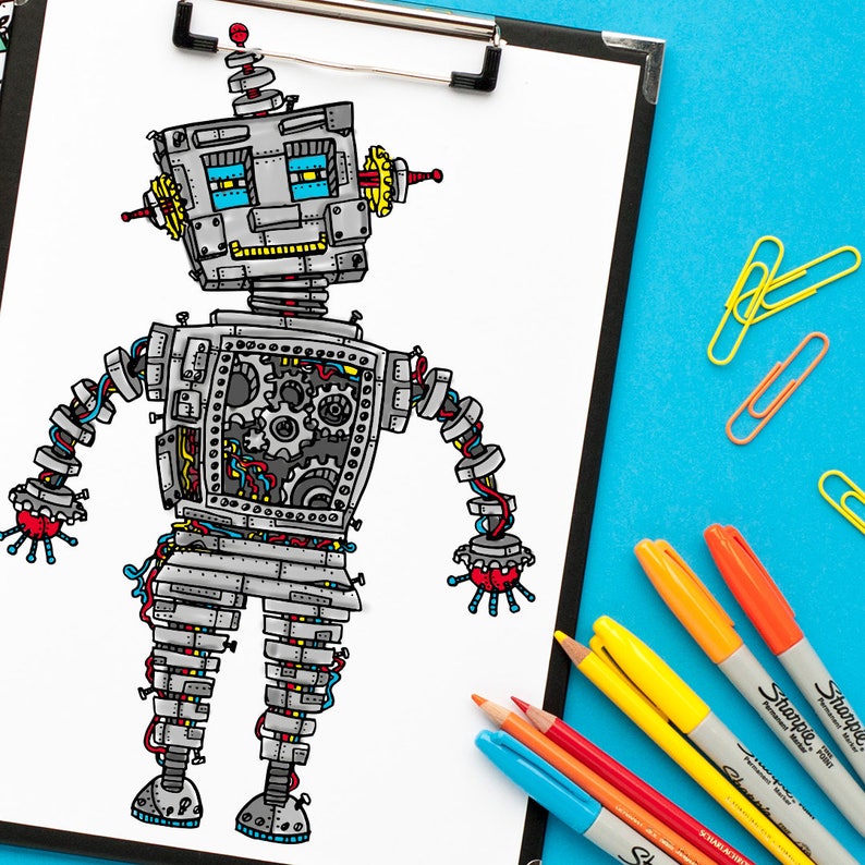 May include: A black and white line drawing of a robot with a detailed, intricate design. The robot has a large head with a square face, two eyes, and a small mouth. The robot's body is made up of many different shapes and sizes, including gears, wires, and pipes. The robot's arms are outstretched, and its hands are open. The robot is standing on a white background.