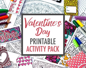 Valentine's Day Printable Bundle | Printable coloring pages + craft templates for Valentine's Day. Valentine gift tags, bookmarks, cards etc