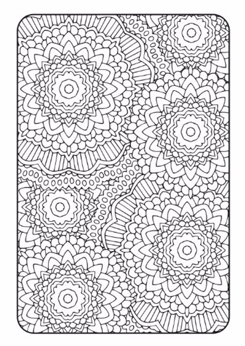 May include: A black and white intricate mandala design with multiple overlapping circular patterns. The design features a variety of shapes and lines, creating a complex and visually appealing pattern.