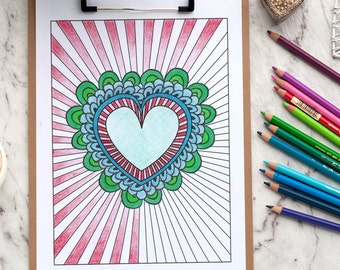 Heart Burst Adult Coloring Page | Printable 8.5x11" PDF adult coloring page | Print and color for a Valentine's Day or Anniversary gift!