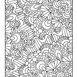 May include: Black and white abstract coloring page with a complex pattern of swirling lines, circles, and geometric shapes. The design is enclosed within a rectangular border, offering a detailed and intricate design for coloring.