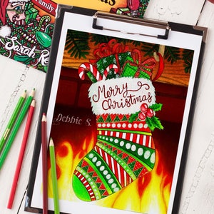 May include: A colorful Christmas stocking filled with presents and candy canes hangs in front of a fireplace. The stocking is decorated with red, green, and white stripes and polka dots. The text "Merry Christmas" is written on the stocking.