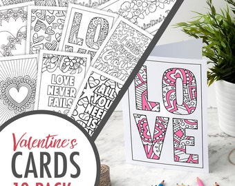 Valentine’s Day Coloring Cards – Set of 10 Printable Greeting Cards for a Valentine's Day Gift | Printable cards | Valentine cards PDF pack