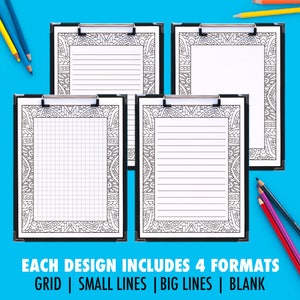 Puede incluir: Cuatro dise&ntilde;os imprimibles para planificadores o diarios. Cada dise&ntilde;o presenta un borde intrincado en blanco y negro con una opci&oacute;n de cuatro dise&ntilde;os interiores: cuadr&iacute;cula, l&iacute;neas peque&ntilde;as, l&iacute;neas grandes o en blanco.