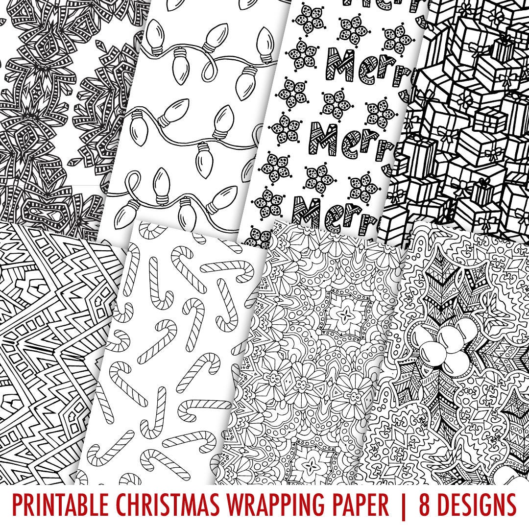 digital gift wrap christmas - 8 pack | printable coloring page