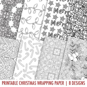 Digital Gift Wrap Christmas - 8 Pack | Printable coloring page Christmas gift wrap - great DIY wrapping paper idea. PDF digital download