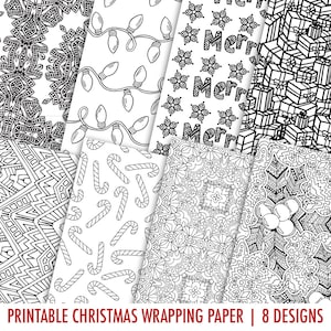 Printable Christmas Wrapping Paper 8 Pack Print and color your own Christmas gift wrap with these 8 coloring page wrapping paper designs image 3