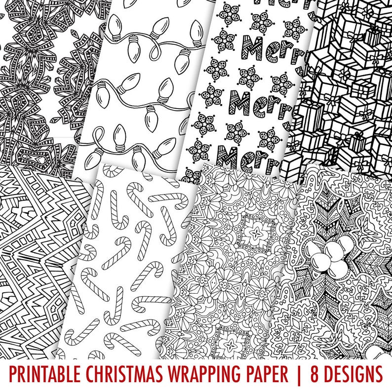 Printable Christmas Wrapping Paper 8 Pack Print and color your own Christmas gift wrap with these 8 coloring page wrapping paper designs image 3