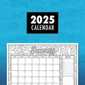 Könnte beinhalten: Ein druckbarer Kalender für 2025 mit einer Schwarzweißillustration von Blättern. Der Kalender ist für Januar und enthält eine To-Do-Liste und ein gepunktetes Raster.