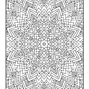 May include: Black and white geometric mandala design. The intricate pattern features a central star shape surrounded by layers of detailed, symmetrical shapes, including zigzags, dots, and lines. This coloring page is perfect for relaxation and creativity.